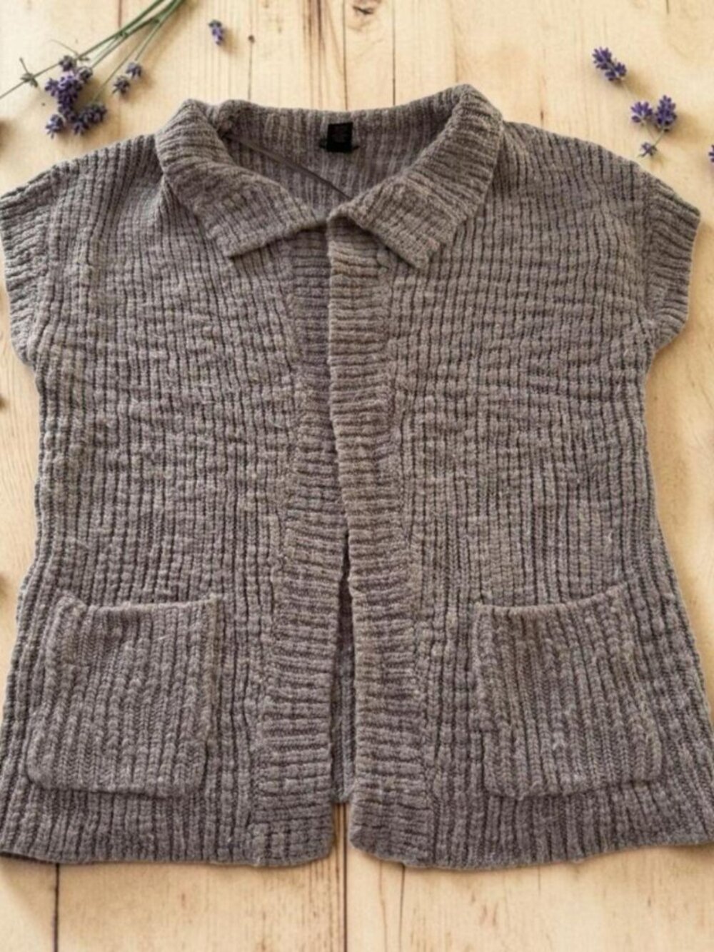 Ann Taylor Women's Petites Brown Short Sleeve Sweater MP Knit Pockets Open Front